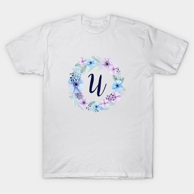 Floral Monogram U Icy Winter Blossoms T-Shirt by floralmonogram